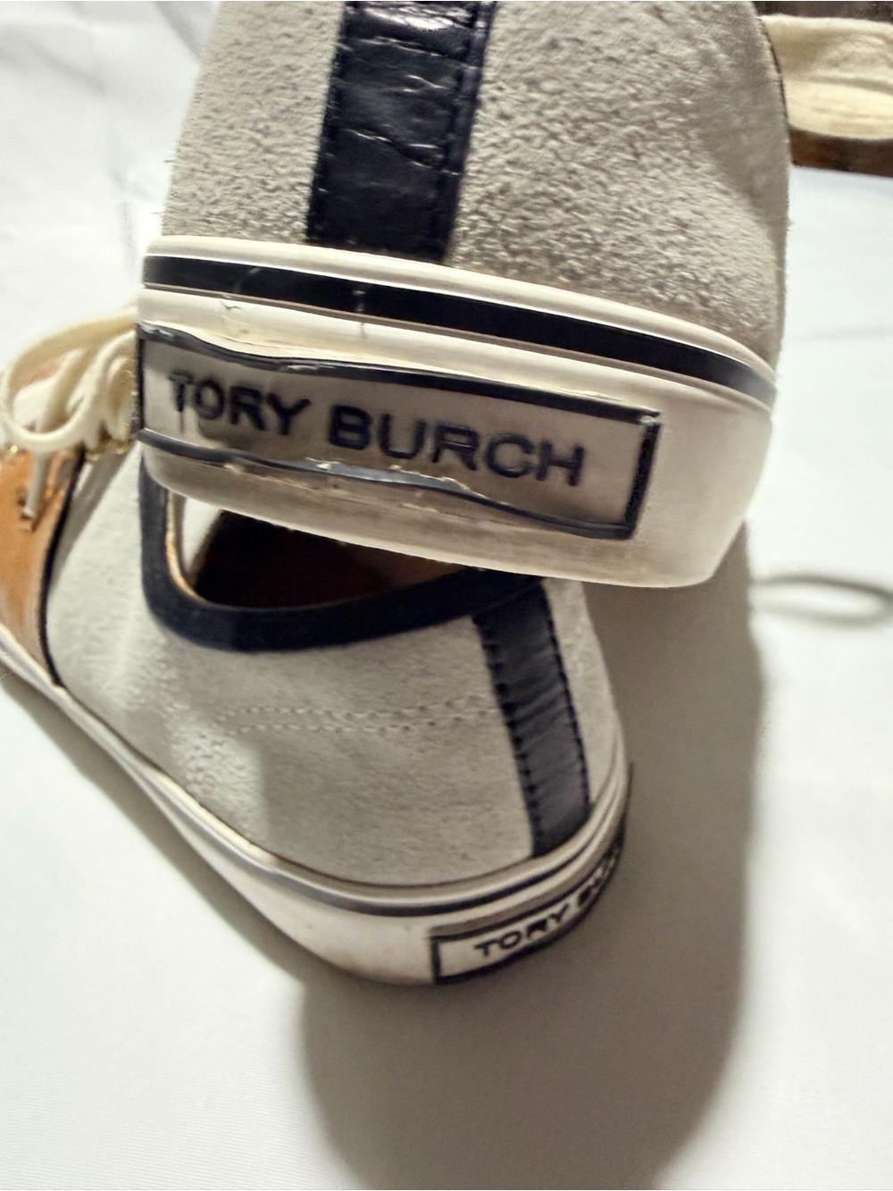 Tory Burch Tan Leather & Light Gray Suede Low-Top Sneakers with black Trim - Picture 6 of 10